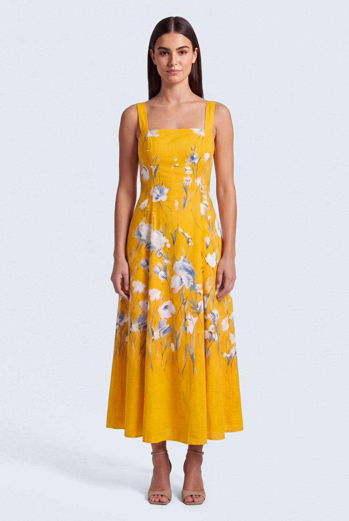 Yellow Floral Printed Square Neck Wide Strap Evening Dress - Hustle N Holla