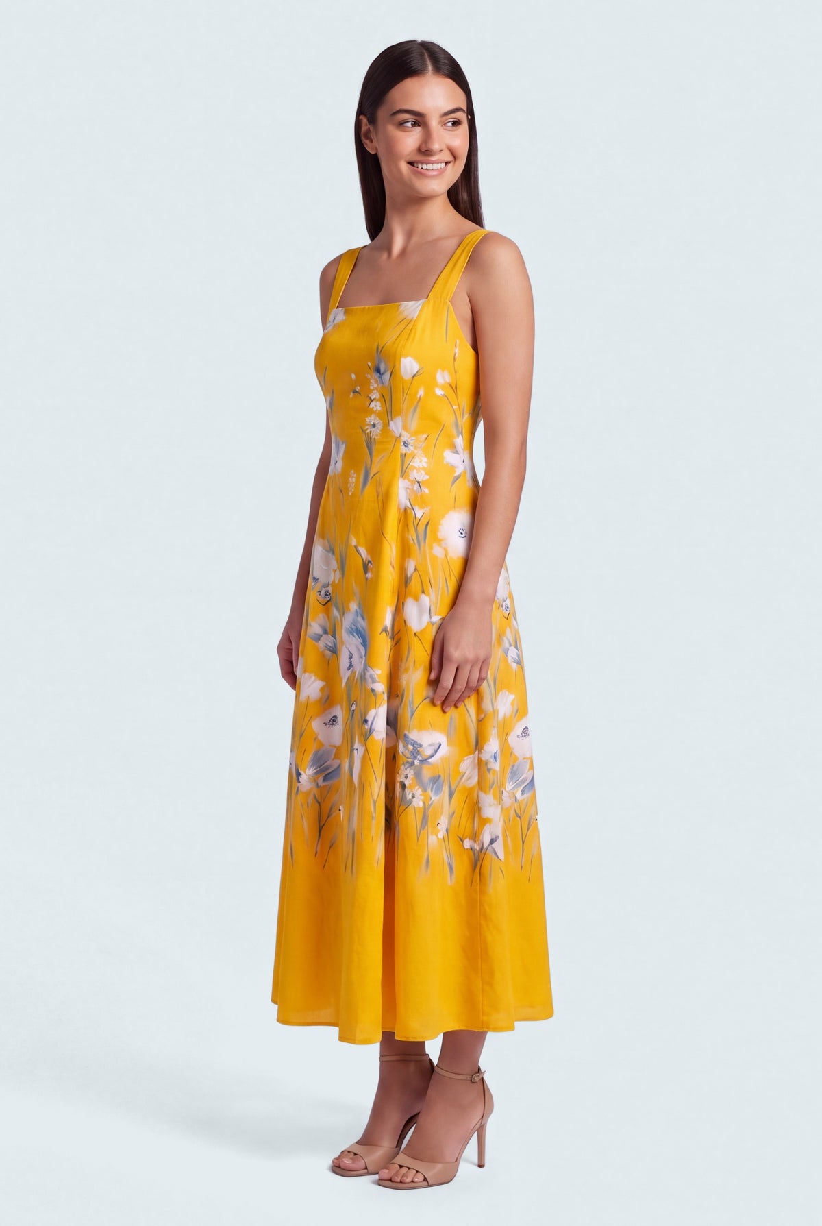 Yellow Floral Printed Square Neck Wide Strap Evening Dress - Hustle N Holla