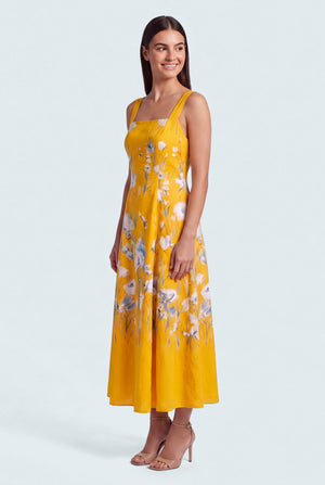 Yellow Floral Printed Square Neck Wide Strap Evening Dress - Hustle N Holla