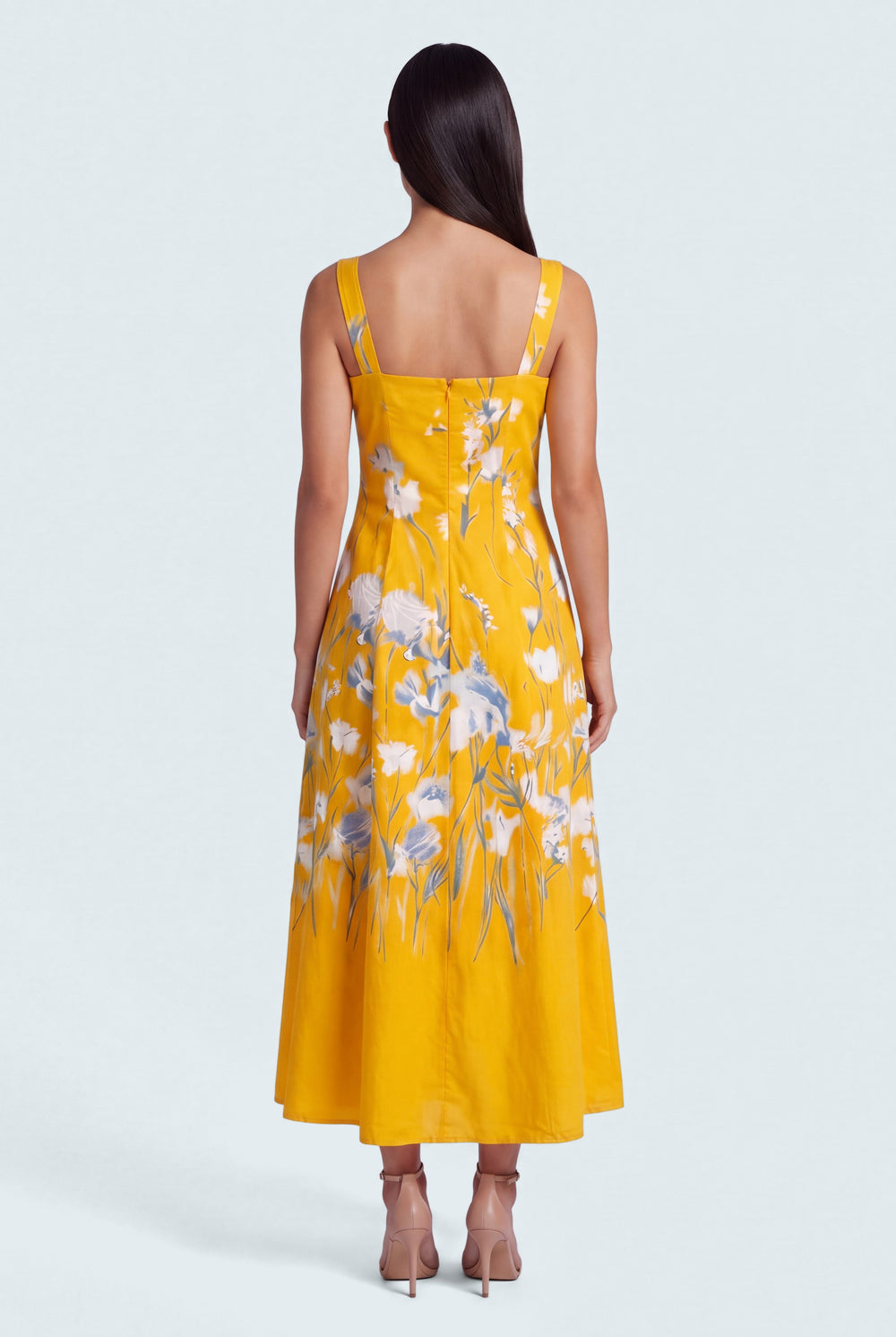 Yellow Floral Printed Square Neck Wide Strap Evening Dress - Hustle N Holla