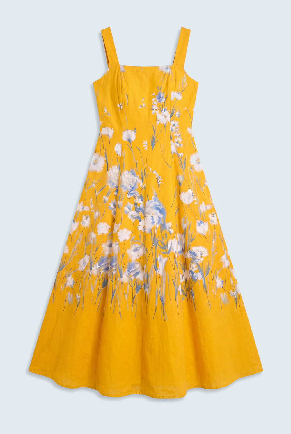 Yellow Floral Printed Square Neck Wide Strap Evening Dress - Hustle N Holla