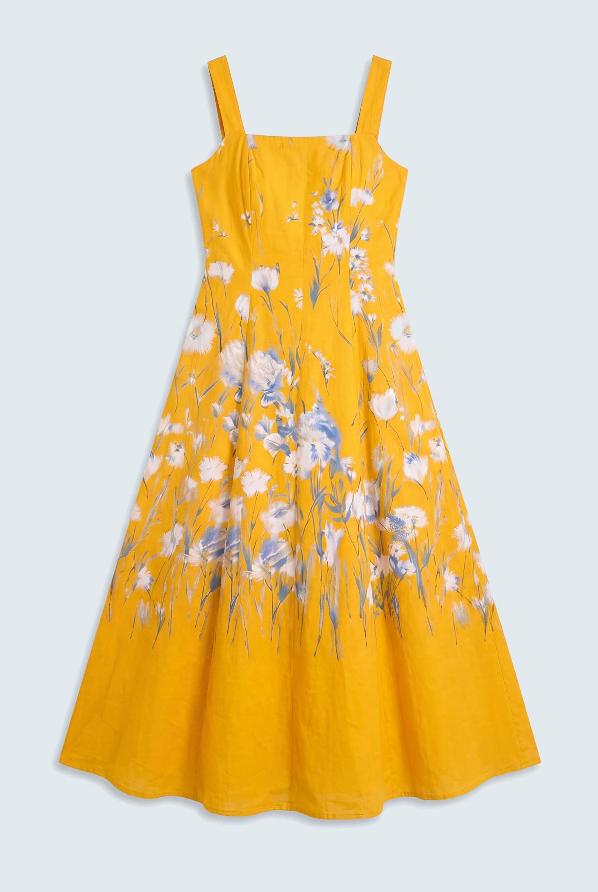 Yellow Floral Printed Square Neck Wide Strap Evening Dress - Hustle N Holla