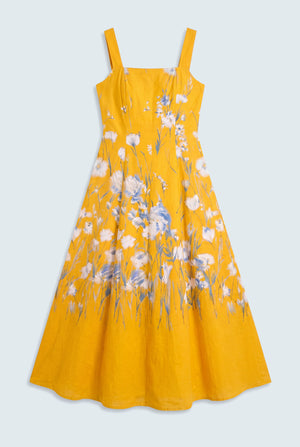Yellow Floral Printed Square Neck Wide Strap Evening Dress - Hustle N Holla