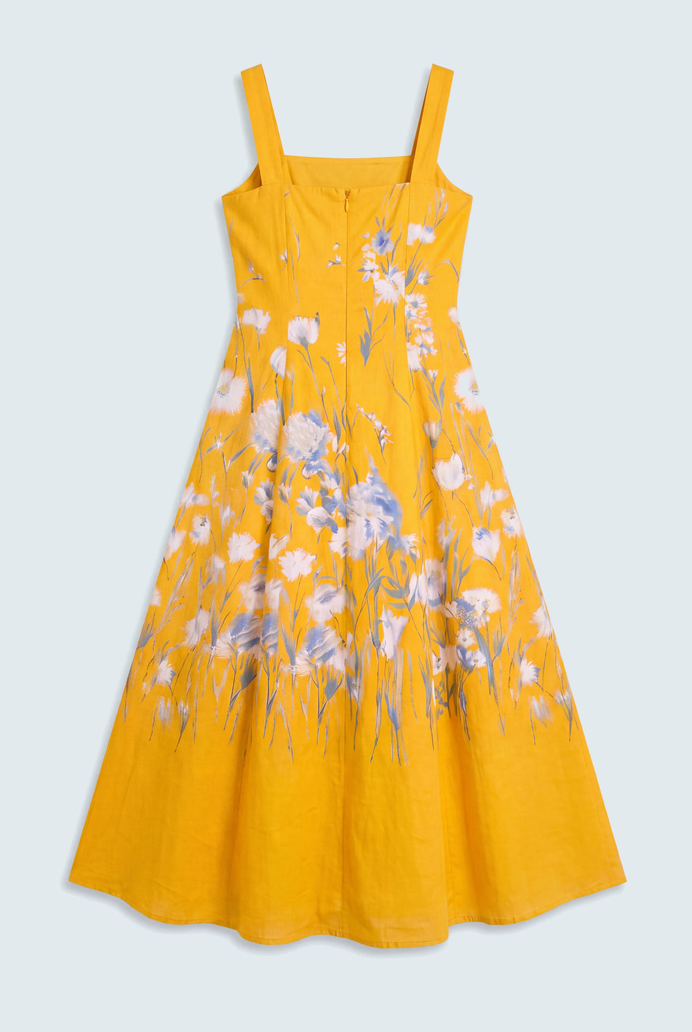 Yellow Floral Printed Square Neck Wide Strap Evening Dress - Hustle N Holla