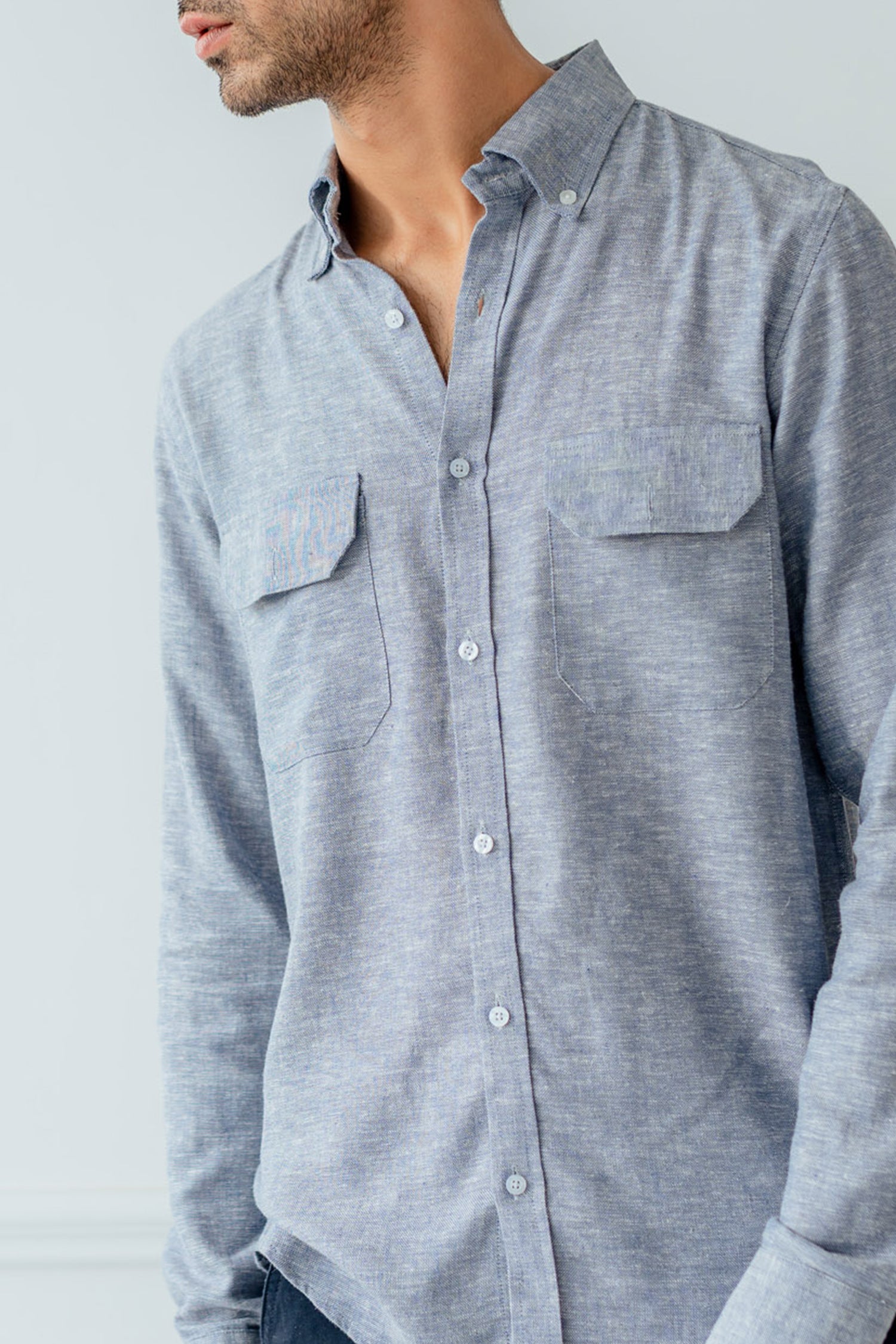 Blue Button down Front Pockets Shirt