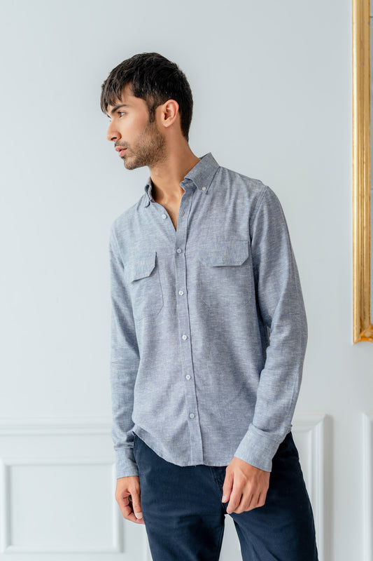 Blue Button down Front Pockets Shirt