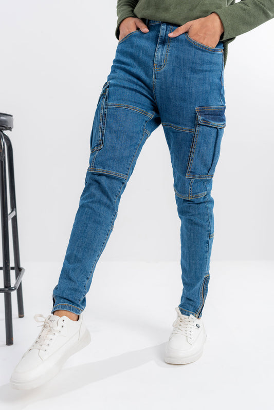 Blue Cargo Pocketed Jeans